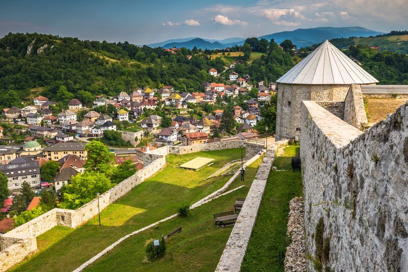 View from inside the walls of the medieval Travnik Fortress overlooking the old town.