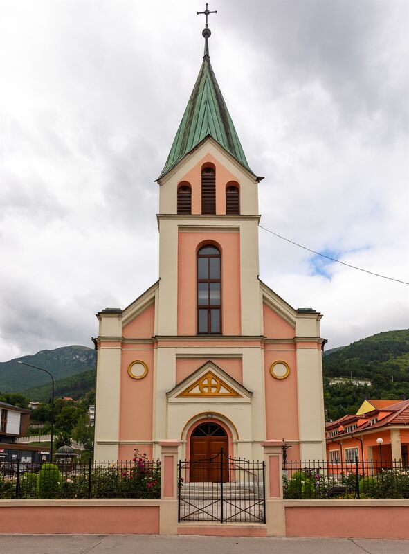 The Church of Saint John the Baptist stands set back from the street in Travnik.